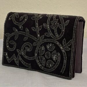 Vintage Black Pressed Velvet with Silver Floral Beading Clutch or Shoulder Bag